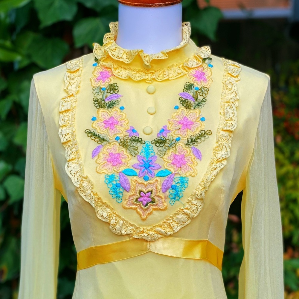 70's Pastel Yellow Embroidered Floral Chiffon Maxi - Picture 5 of 12